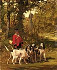 Famous Dogs Paintings - A Huntmaster with his Dogs on a Forest Trail